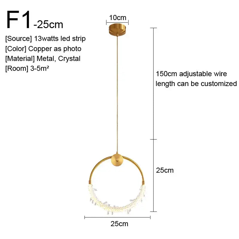 Copper-finished circular decorbites gold nordic pendant light with crystal embellishments and adjustable 150cm wire