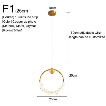 Copper-finished circular decorbites gold nordic pendant light with crystal embellishments and adjustable 150cm wire