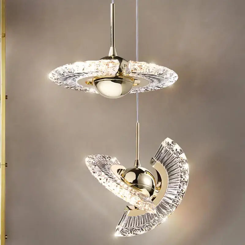 Minimalist gold nordic pendant light with glass shade featuring crystal fan details for warm kitchen decorbites decor