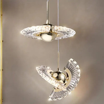 Minimalist gold nordic pendant light with glass shade featuring crystal fan details for warm kitchen decorbites decor