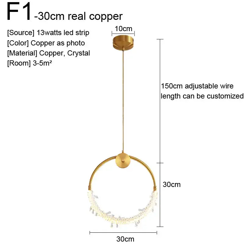 A modern copper minimalist gold nordic pendant light with circular frame and crystal accents for kitchen decorbites gold nordic decor