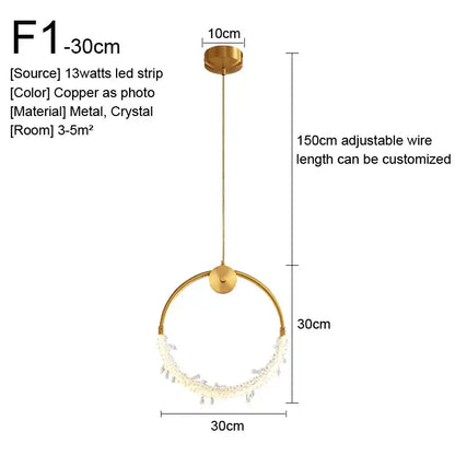 A copper-finished circular gold nordic pendant light with 13-watt led strip and dangling crystal accents decorbites pendant lights