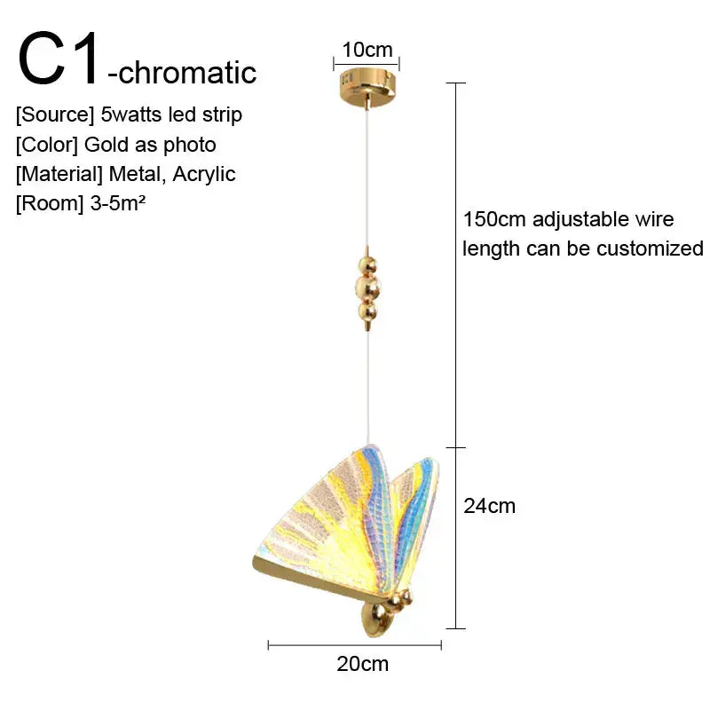 Gold-toned butterfly-shaped pendant light with iridescent acrylic wings in yellow blue white for decorbites gold nordic decor