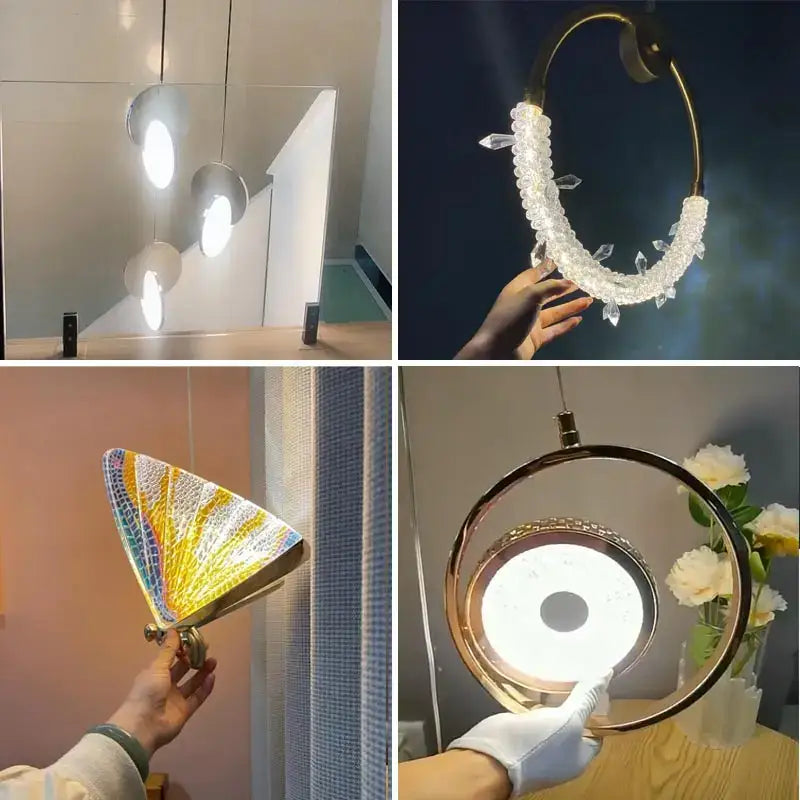 A gold nordic pendant light with illuminated disc and clear crystal decorbites gold nordic pendant glass shade decor