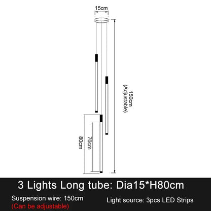 Adjustable 3-light long tube pendant with gold and white finish featuring elegant led chandelier design for living room