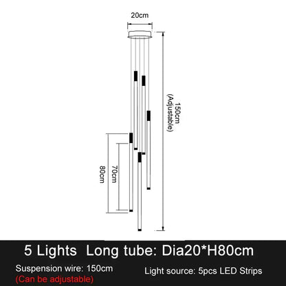 A minimalist gold and white elegant led chandelier with five adjustable led strips in a cylindrical housing for living room
