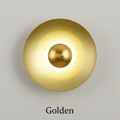 Minimalist decorbites golden macaroon led wall lamp with a golden brushed metal circular sconce and central sphere