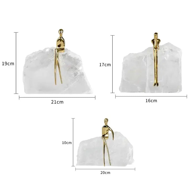 Minimalist golden man sculpture bookends with gold-tone figurine on translucent crystal base for home decor by decorbites