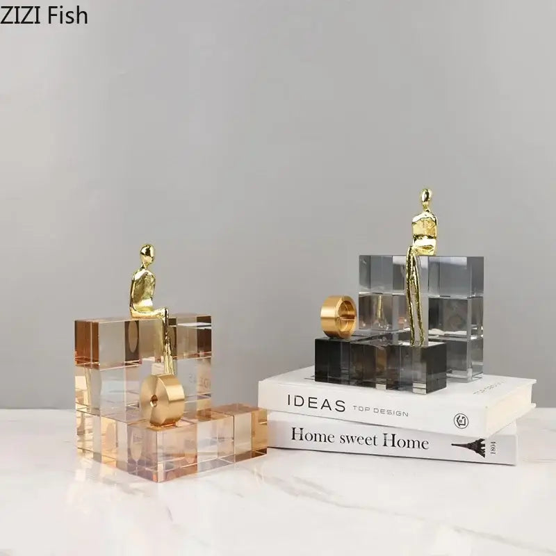 Minimalist golden thinker sculpture featuring gold-toned figurines on transparent acrylic thinker crystal base for decorbites office desk decor