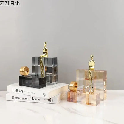Minimalist decorbites golden thinker sculpture in gold tone on a transparent acrylic thinker crystal base for office decor