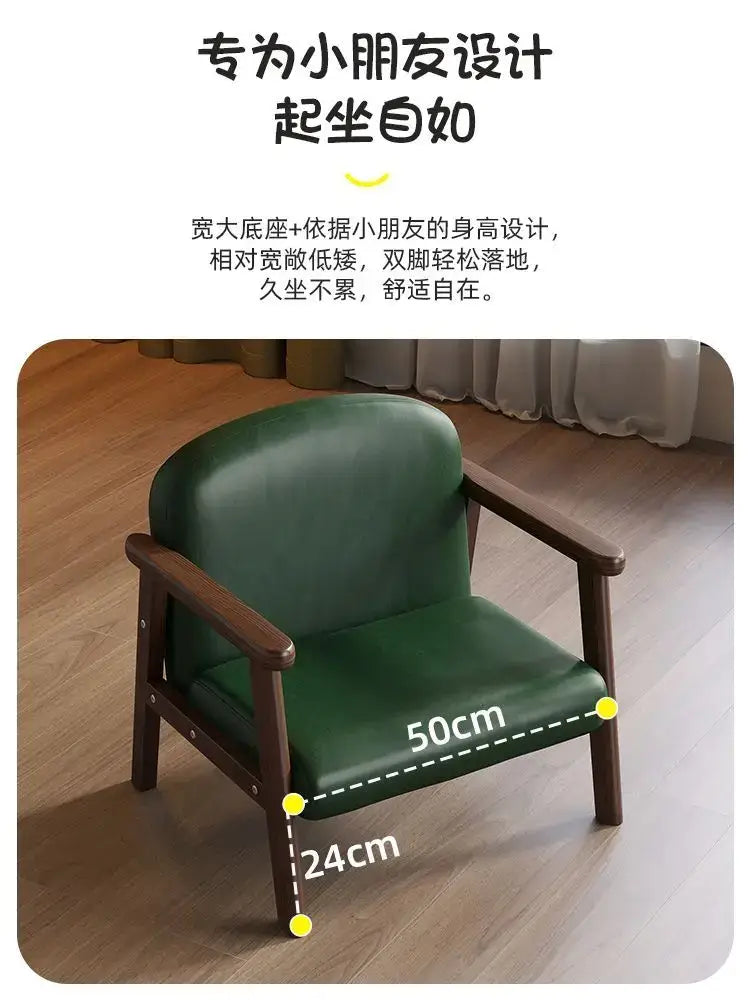 Minimalist green leather and wooden kids wooden chair with green upholstery for kids bedroom set