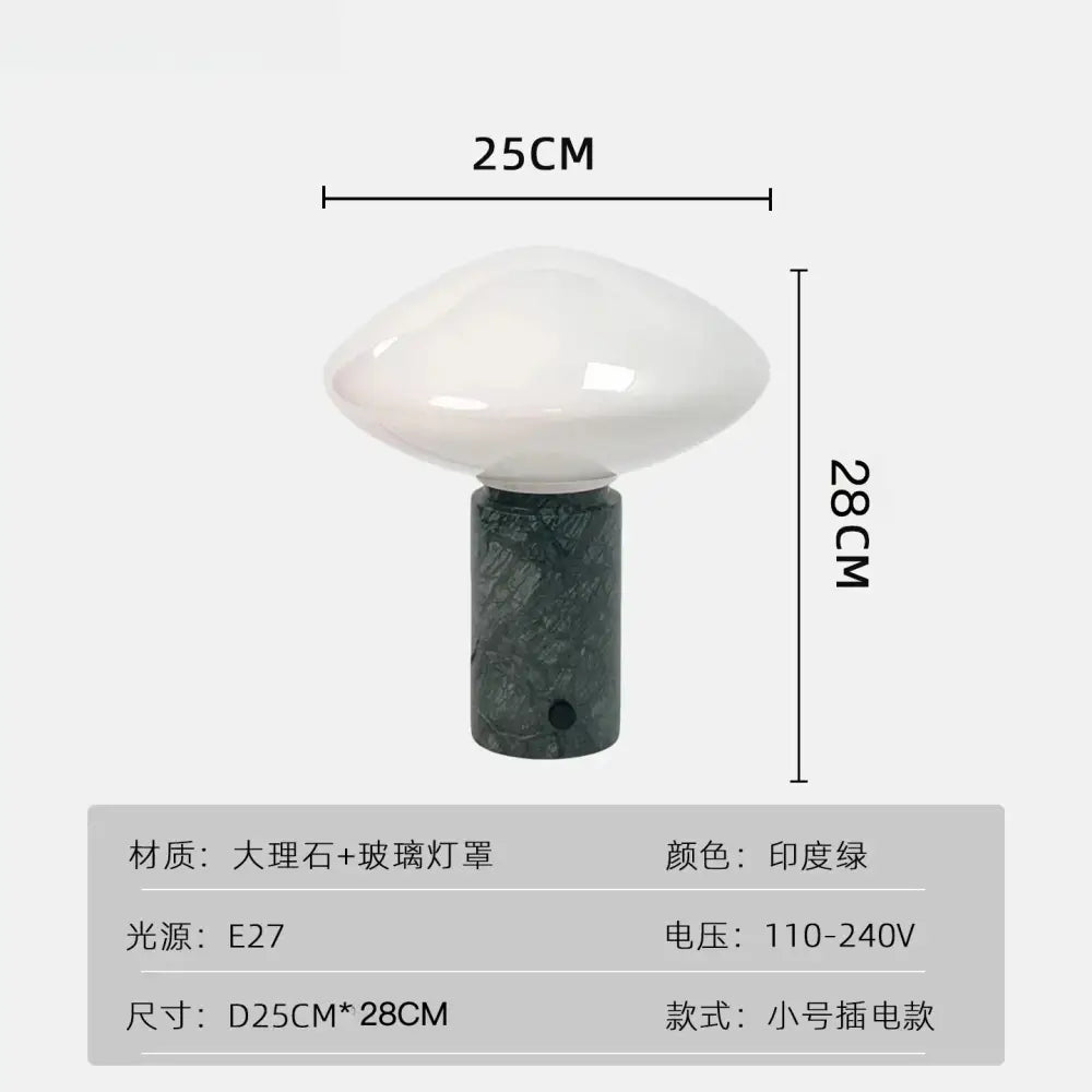 A minimalist green marble led table lamp with a glossy white glass shade and decorbites green marble base for bedroom decor