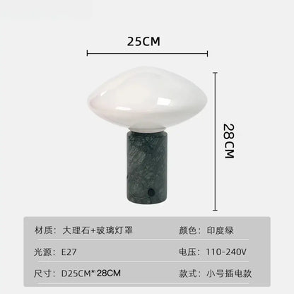 A minimalist green marble led table lamp with a glossy white glass shade and decorbites green marble base for bedroom decor