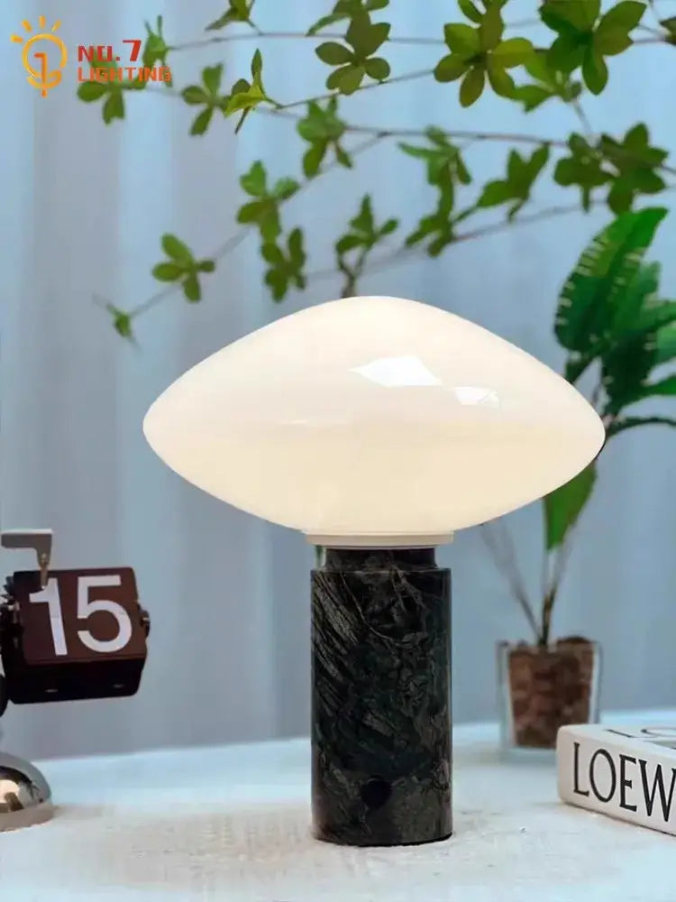 Minimalist green marble led table lamp featuring a white opal glass dome and black marble base for decorbites table lamp