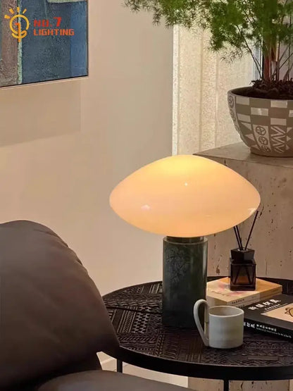 Minimalist green marble led table lamp with warm glowing mushroom light and dark green textured base for decorbites table lamp