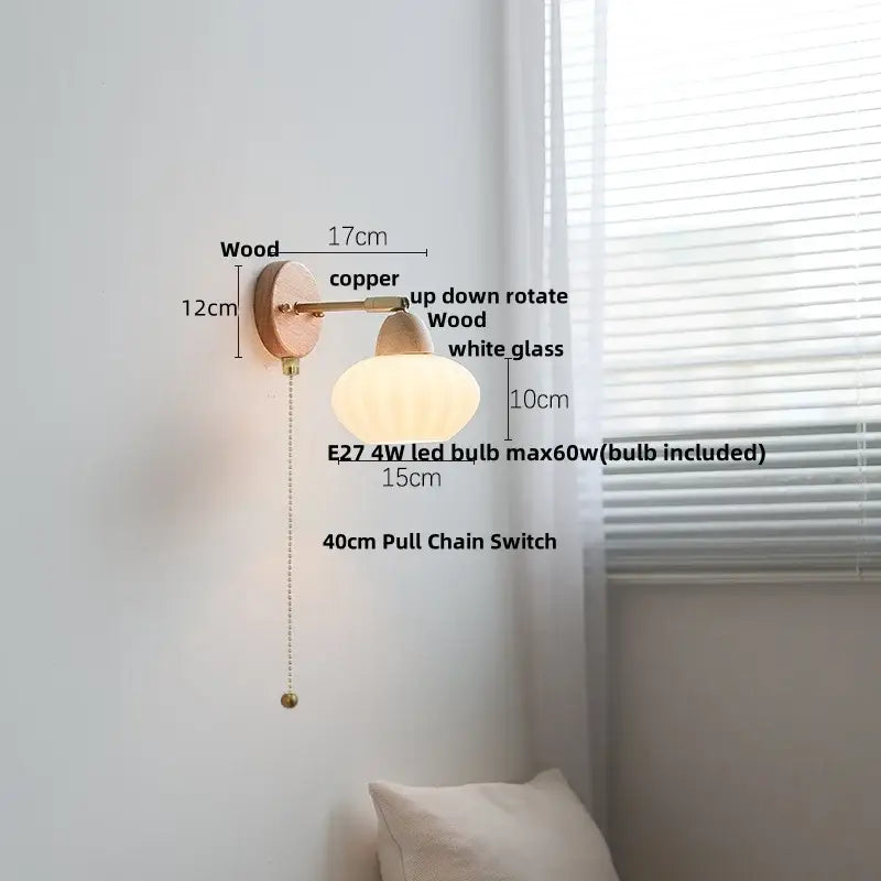 Minimalist copper and wood wall lamp with white glass shade decorbites iron wood led bedroom light with pull chain