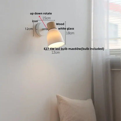 Minimalist wall lamp with white glass shade wooden top cap iron base decorbites iron wood led bedroom light with pull chain