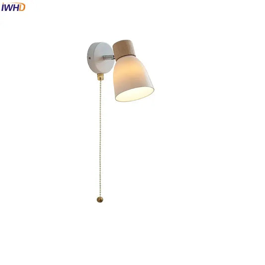 Minimalist iron wood led wall lamp with white base, wood-finished top, frosted glass shade, and brass pull chain decorbites wall lamp