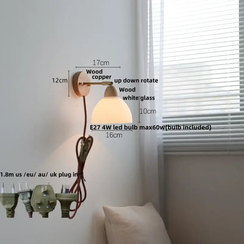 Minimalist iron wood led wall lamp with wooden copper-finished base white glass shade and red cord by decorbites