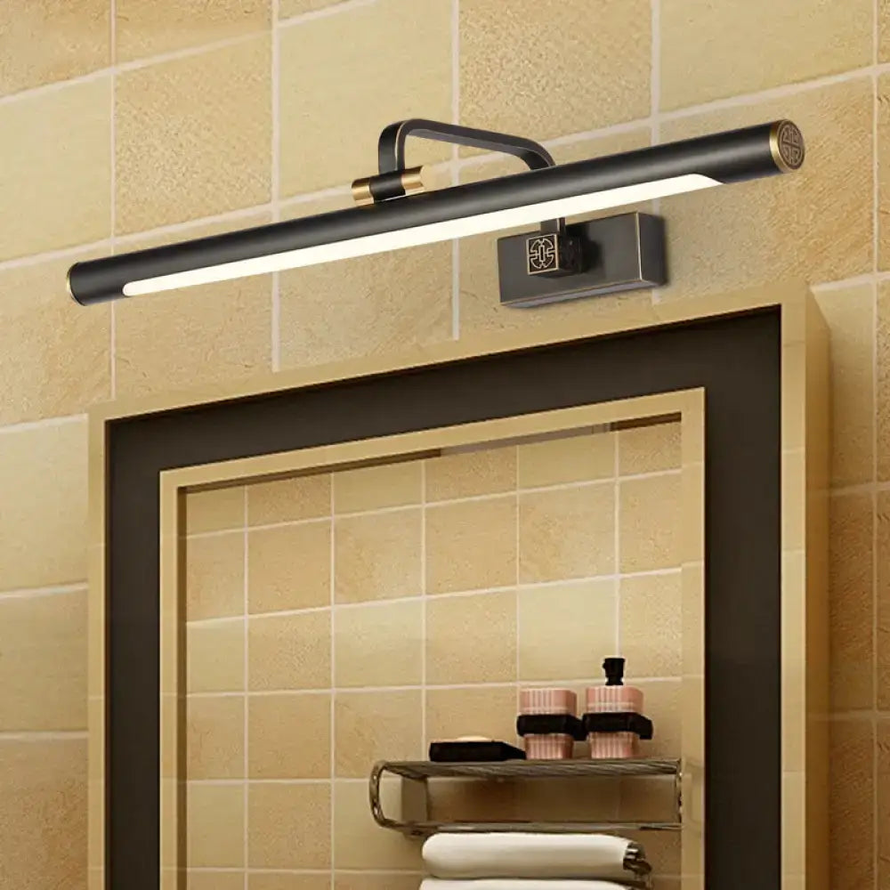 Minimalist led black tubular vanity mirror light in gold with a sleek rectangular design for modern bathrooms