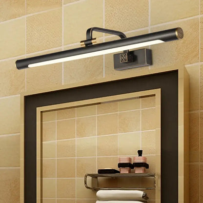Minimalist led black tubular vanity mirror light in gold with a sleek rectangular design for modern bathrooms