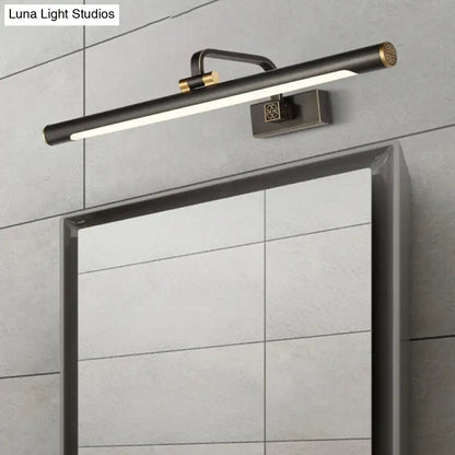 Minimalist led black tubular vanity mirror light with a sleek elongated black and gold wall-mounted design