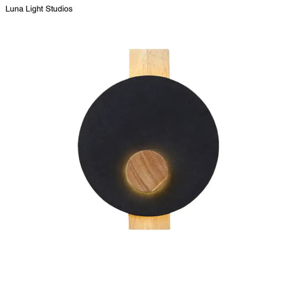 Minimalist led gray metal disk wall sconce with matte black shade and wood accents for 110v-120v or 220v-240v use