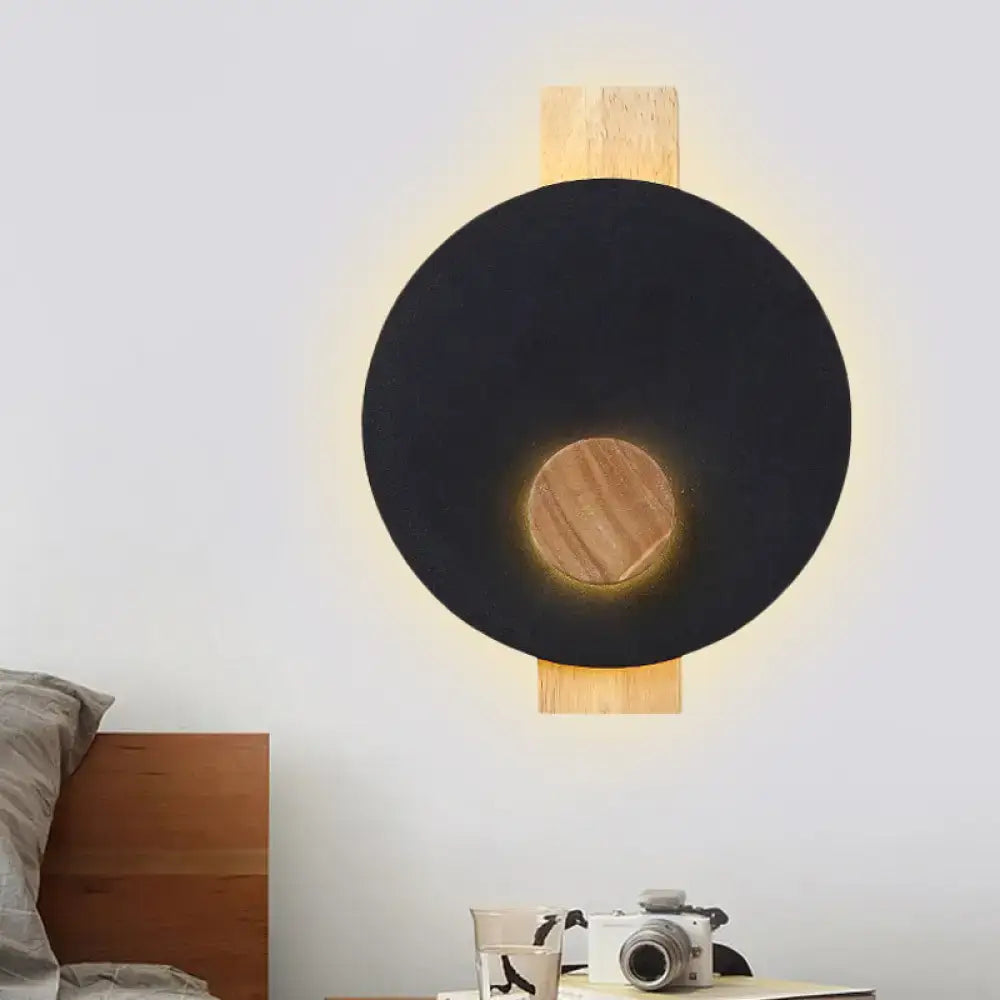 Minimalist led black metal disk wall sconce with central wooden disc and light wood mount for 110v-120v use