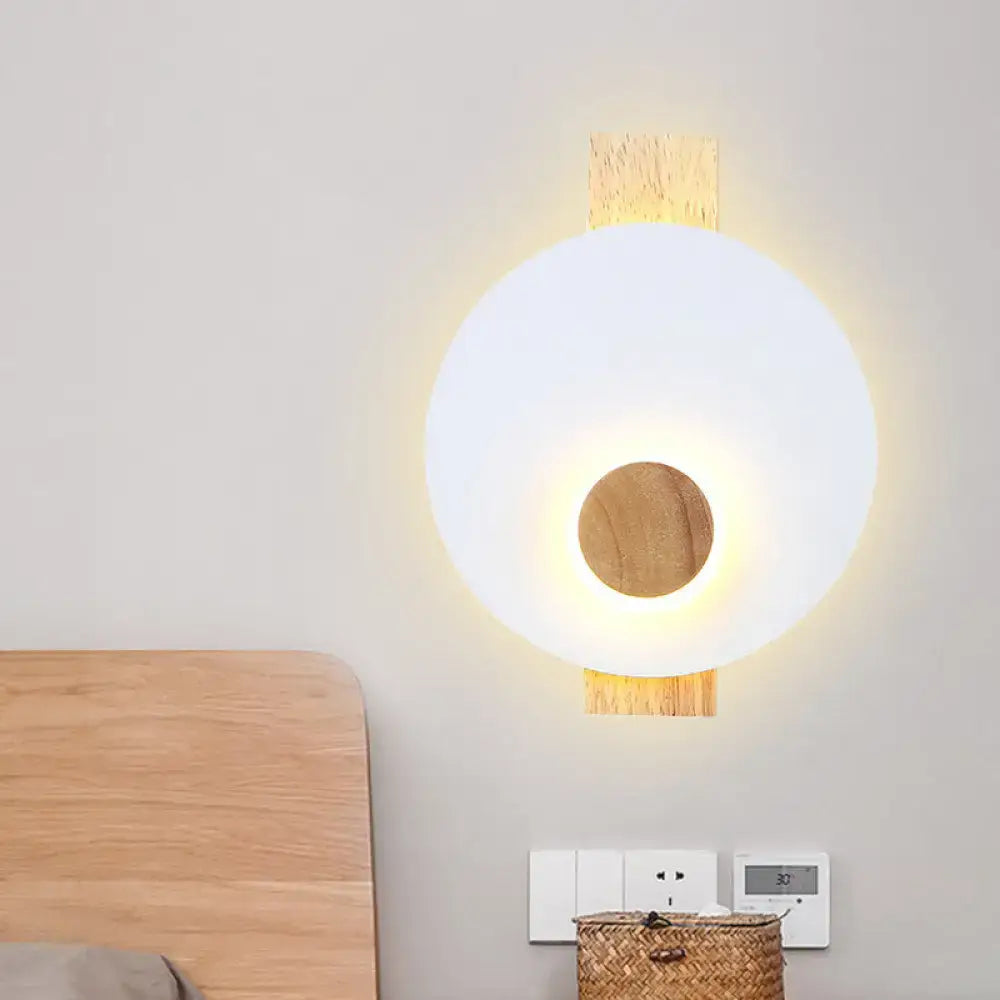 Minimalist led gray metal disk wall sconce with frosted white diffuser and natural wood accents 110v-120v fixture width