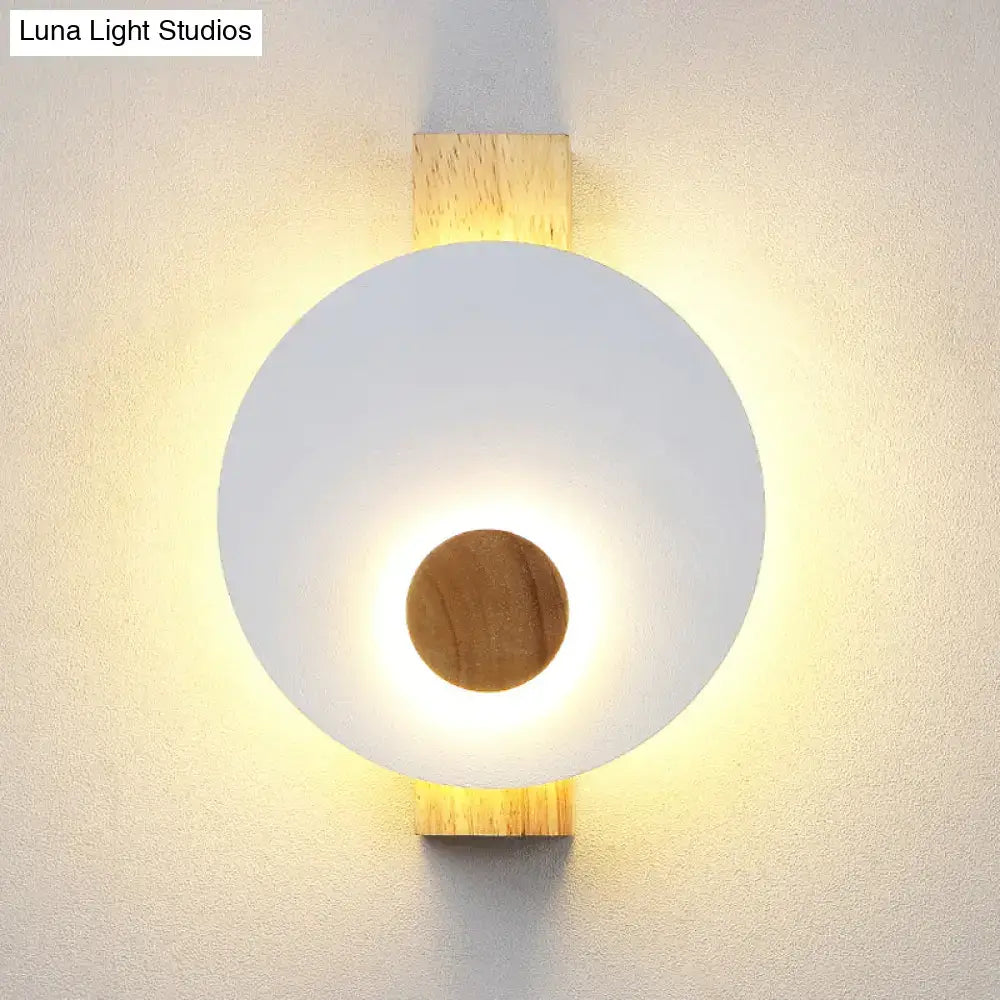 Minimalist led gray metal disk wall sconce with frosted white glass and natural wood accents for 110v-120v use