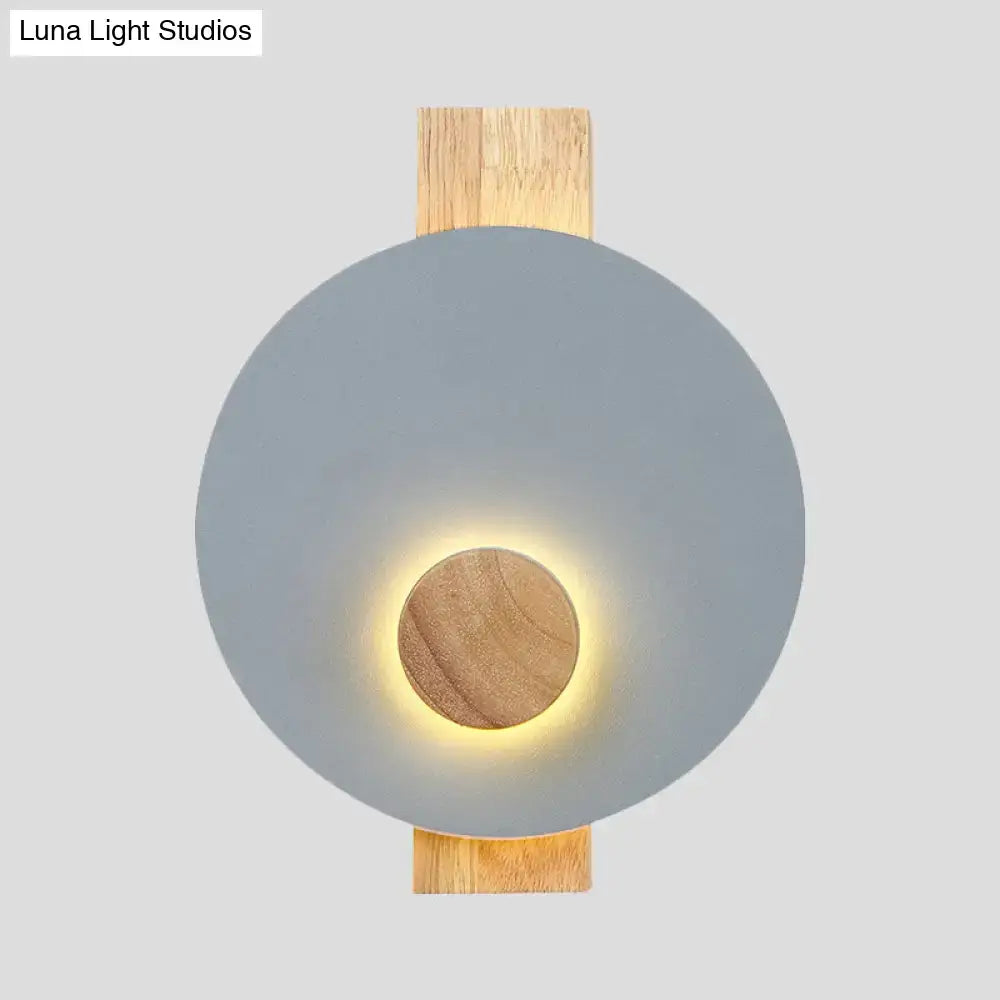 Minimalist led gray metal disk wall sconce with matte gray shade and natural wood accents fixture width 110v-120v bedroom light