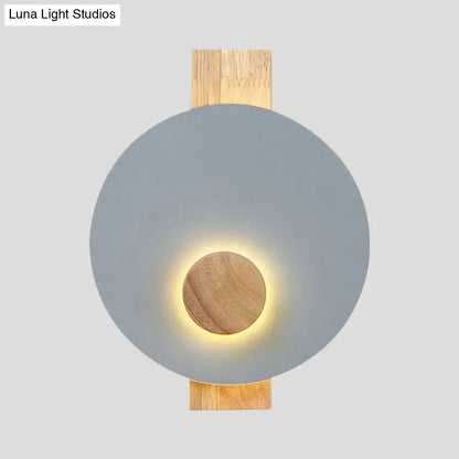 Minimalist led gray metal disk wall sconce with matte gray shade and natural wood accents fixture width 110v-120v bedroom light