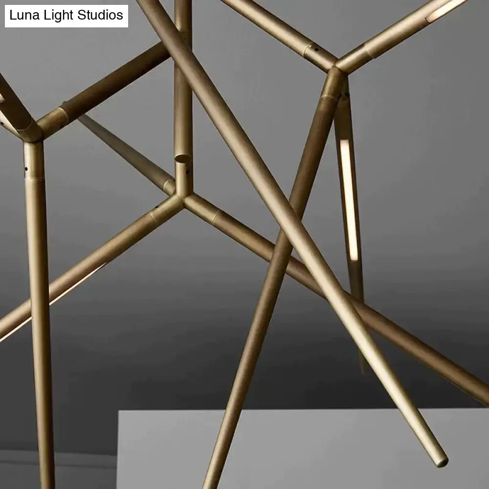 Gold-toned minimalist led pearl black starburst chandelier with slender metal rods in a modern lattice design for dining room