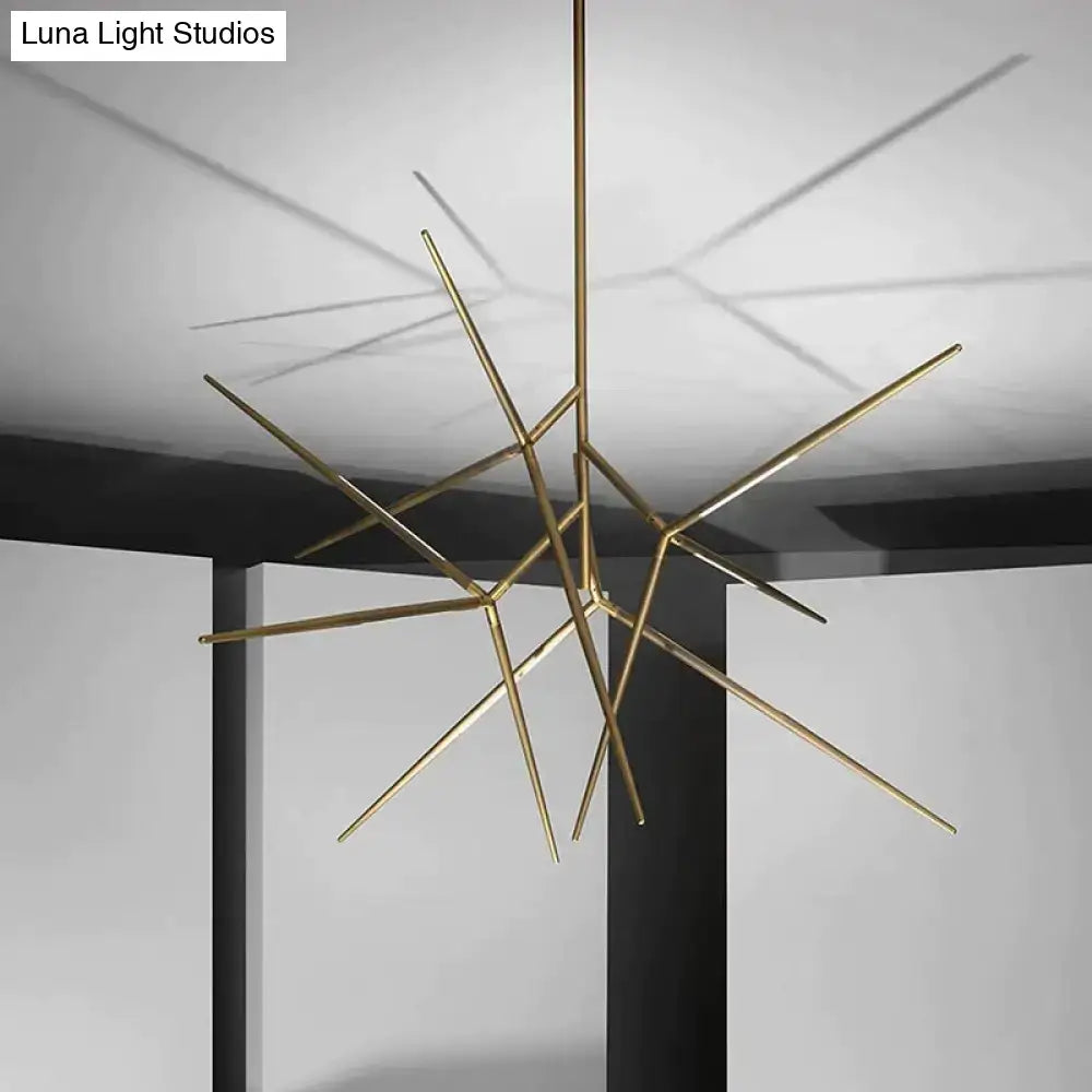 Minimalist led pearl black and gold starburst chandelier with gold-toned geometric rods for dining room lighting