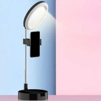 Minimalist black and white led ring light with smartphone holder and usb power source for photography and streaming
