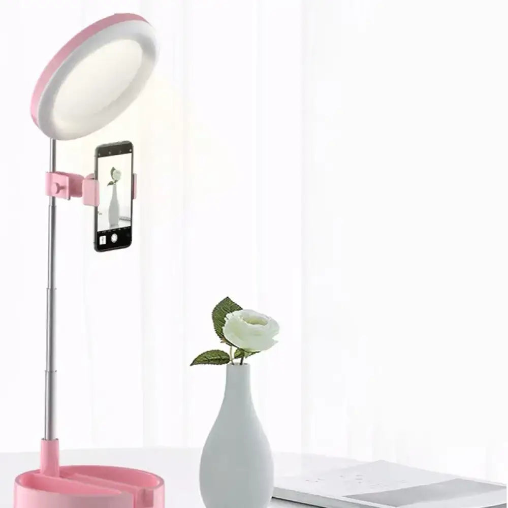 Minimalist pink and white led ring light with usb power source and phone holder for bedroom selfie lighting