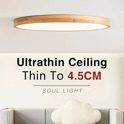 Minimalist led wooden ceiling light with natural wood frame and frosted glass panel for modern bedroom decor