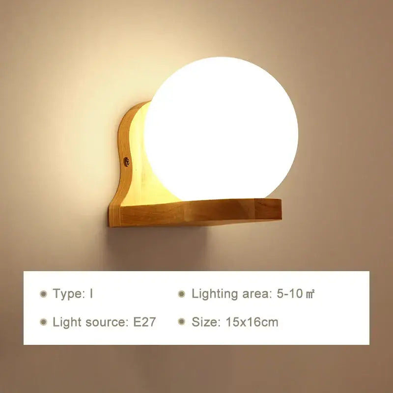 Warm-toned spherical glass minimalist led wooden wall lamp with natural wood base and pull chain switch for bedroom decorbites wall lamps