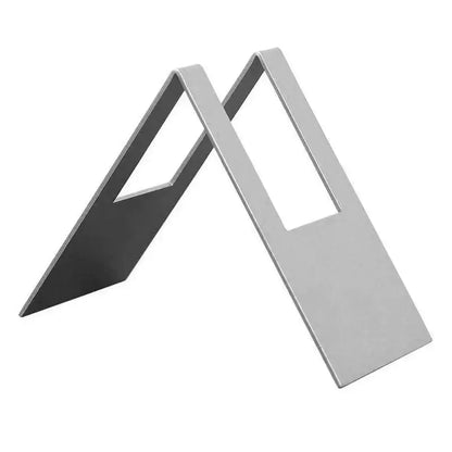 Silver metallic triangular coffee filter holder with minimalist design and cutout window for kitchen paper dispenser