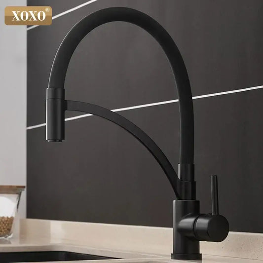 Minimalist matte black chrome kitchen tap with xoxo pull down mixer and sleek curved spout for black chrome kitchen decorbites