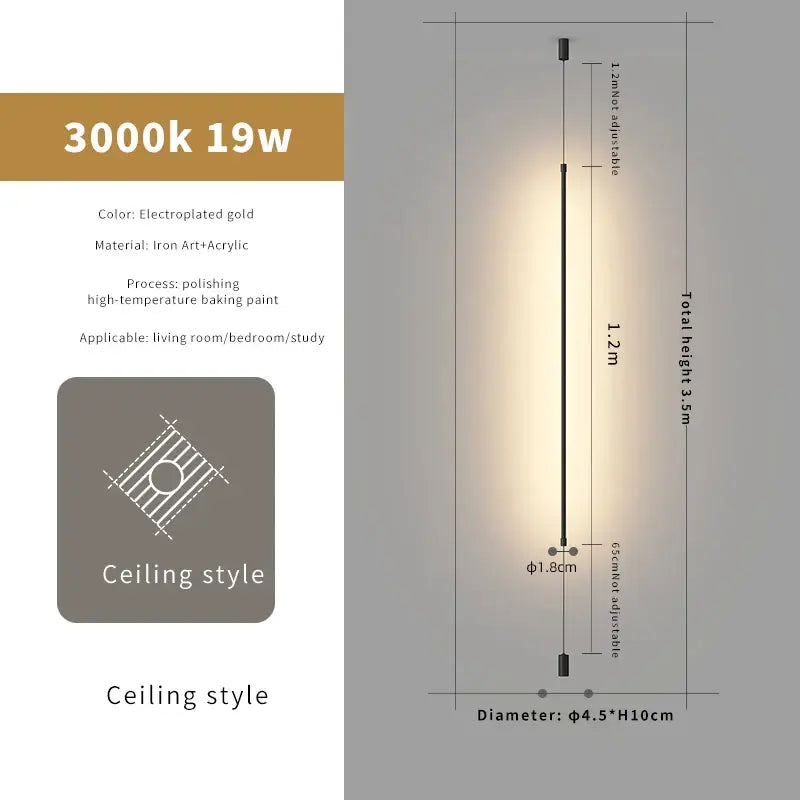 A sleek electroplated gold floor lamp with iron and acrylic frame complements a minimalist matte black pendant light strip