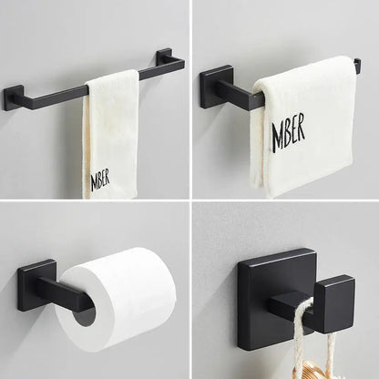Minimalist matte black stainless steel bathroom accessories set with towel bars toilet paper holder and hooks