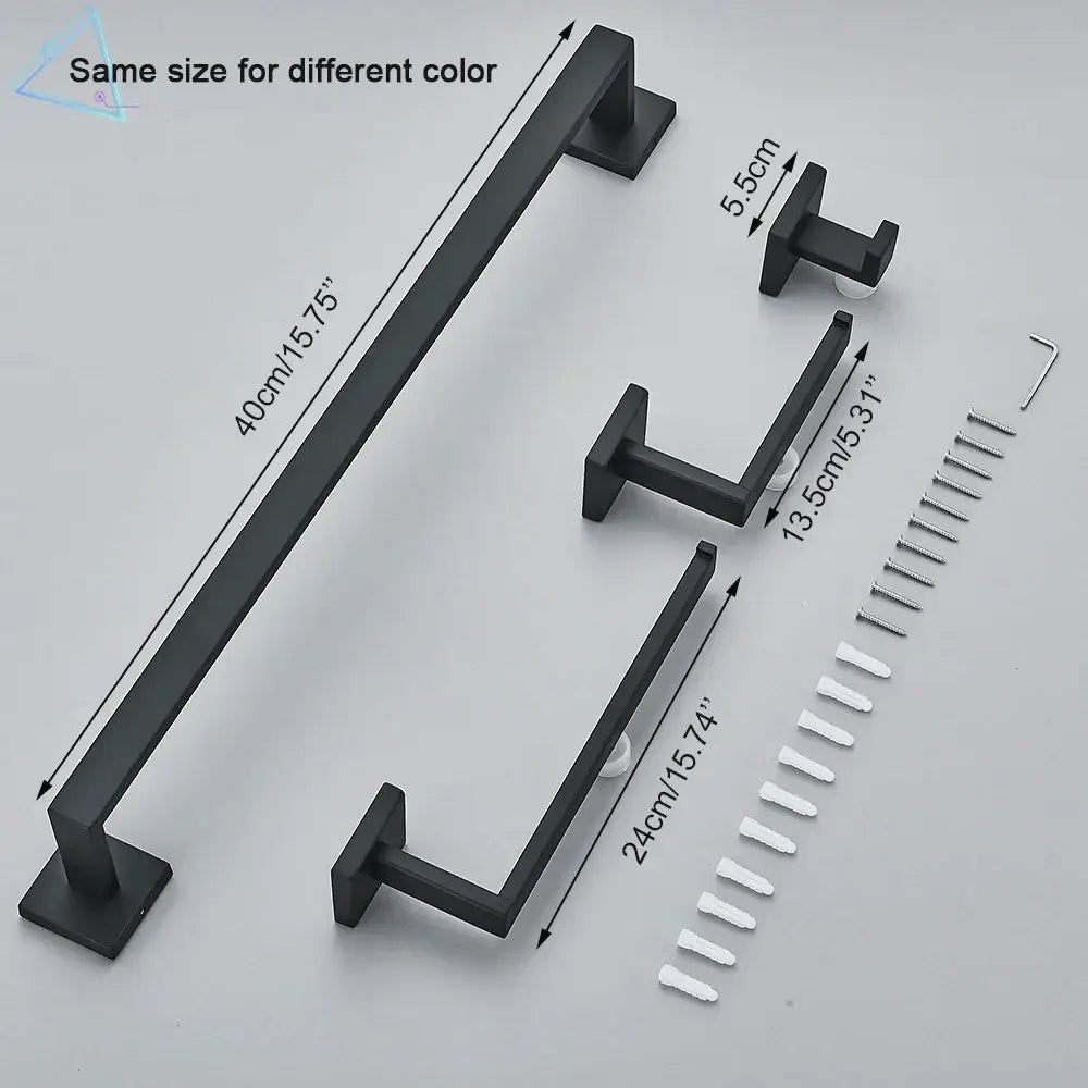 Black matte stainless steel towel rack set with matching hooks and mounting hardware bathroom accessories set
