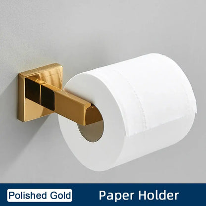 Polished gold toilet paper holder with sleek modern design in minimalist matte black stainless steel bathroom accessories set