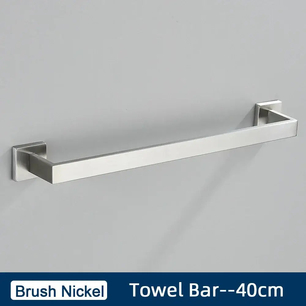 Brush nickel towel bar with sleek rectangular design 40cm length in minimalist matte black stainless steel bathroom accessories set