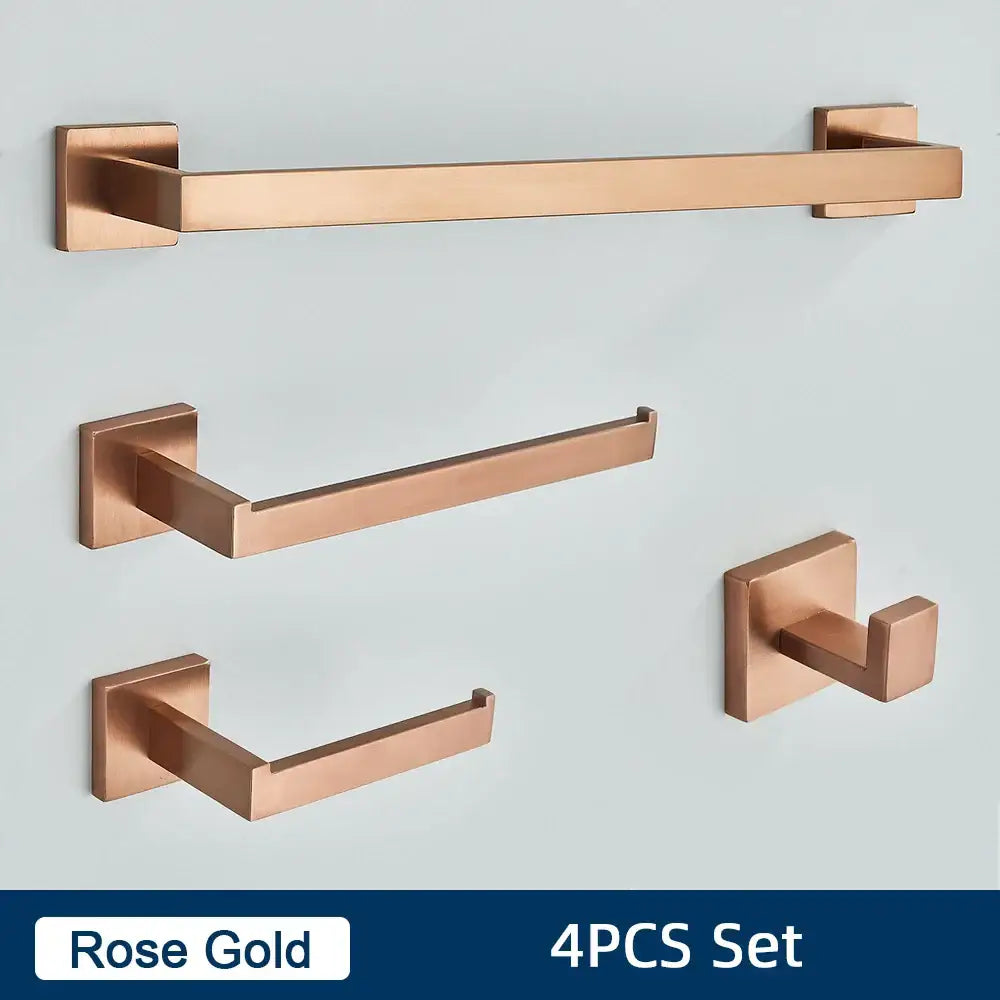 Rose gold bathroom accessories set with sleek modern design and brushed stainless steel finish for minimalist style