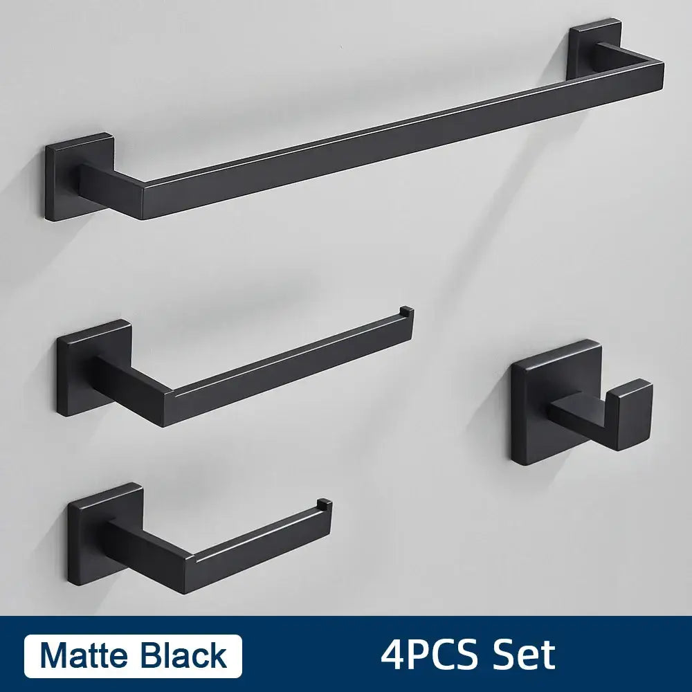 Matte black stainless steel bathroom accessories set featuring a minimalist towel rack and hook for bathroom use