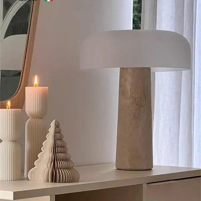 Minimalist mushroom glass table lamp with a decorbites cream marble textured beige stone base for bedroom decor