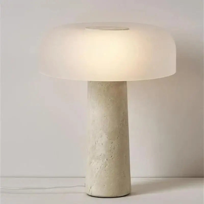 Minimalist table lamp with frosted mushroom glass shade and decorbites cream marble textured base for bedroom decor