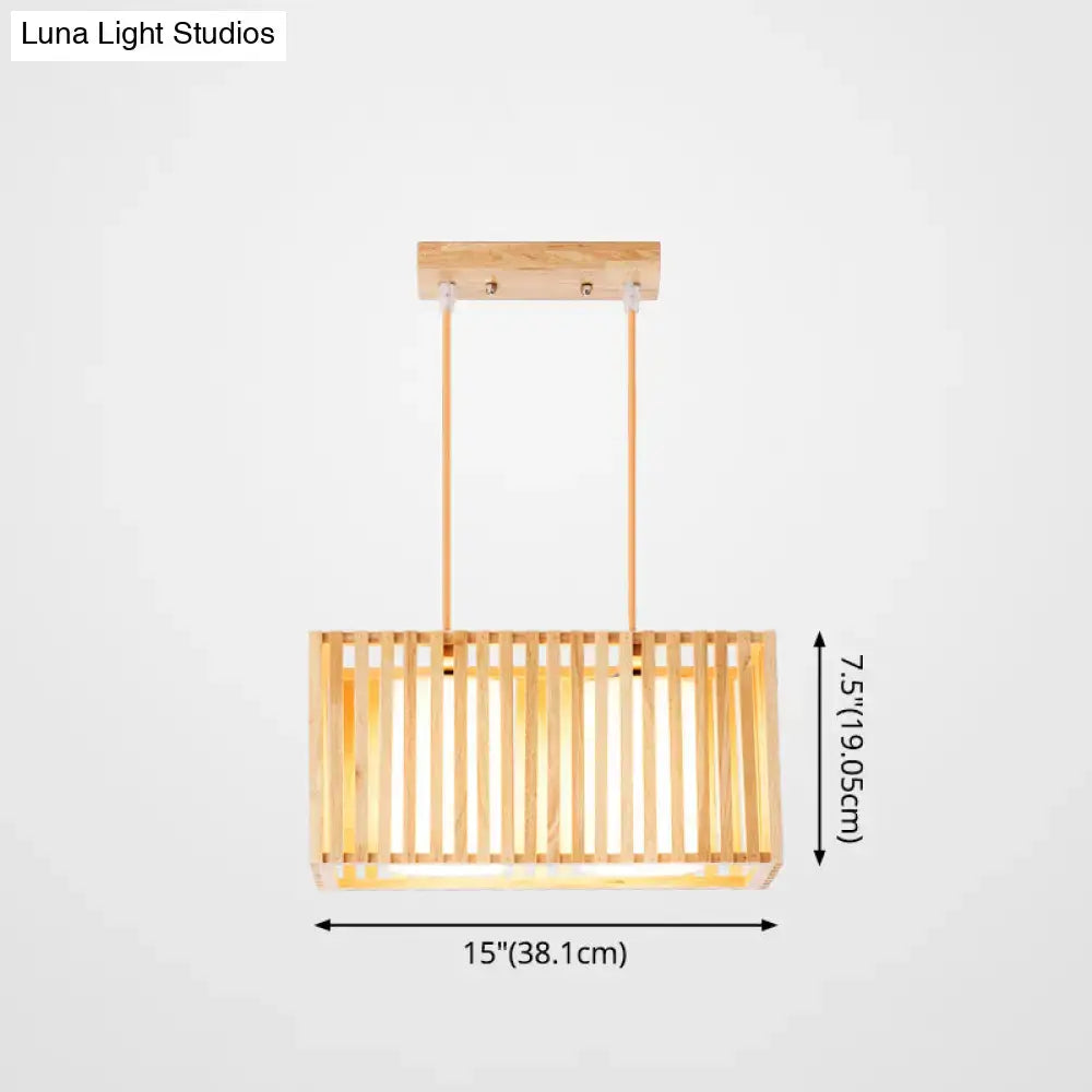 Decorbites asian wood island pendant light with natural wood finish vertical slats and thin wooden rod suspension